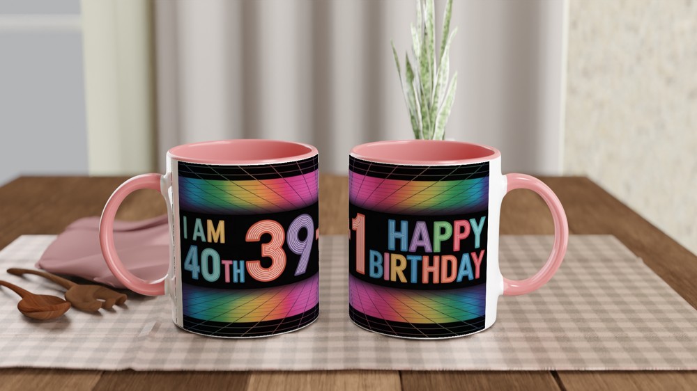40th Birthday Mug | 39 + 1 Retro Neon Grid Design | Milestone Birthday Gift for Her and Him | Funny Fortieth Mug for Best Friend — view 6