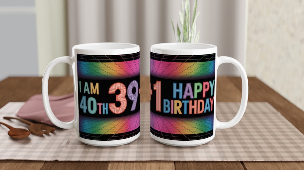 40th Birthday Mug | 39 + 1 Retro Neon Grid Design | Milestone Birthday Gift for Her and Him | Funny Fortieth Mug for Best Friend — view 2