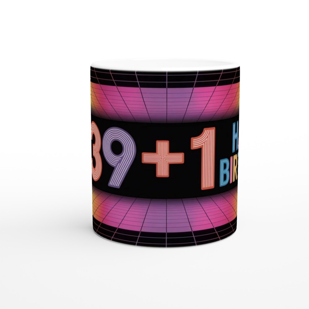 40th Birthday Mug | 39 + 1 Retro Neon Grid Design | Milestone Birthday Gift for Her and Him | Funny Fortieth Mug for Best Friend — view 11