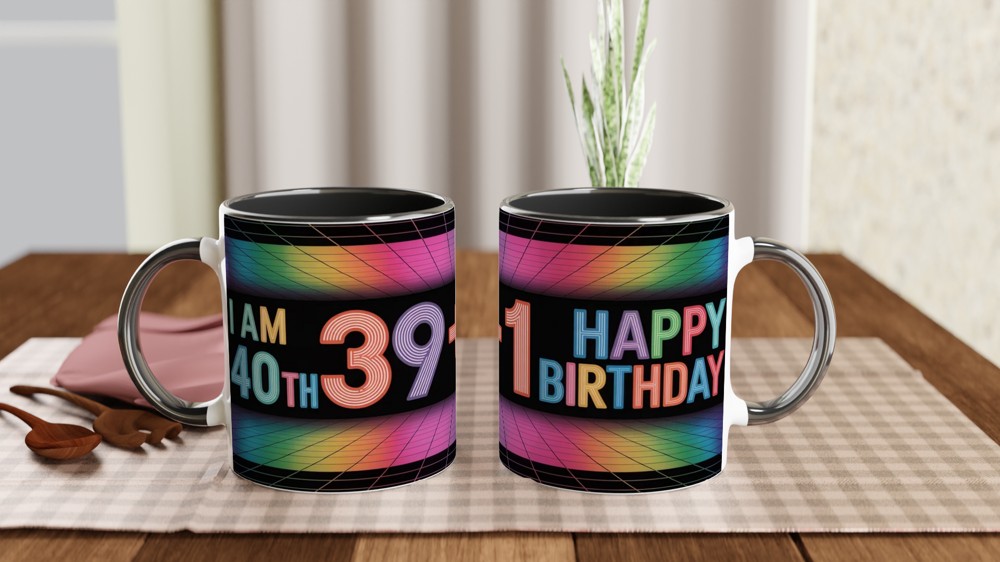 40th Birthday Mug | 39 + 1 Retro Neon Grid Design | Milestone Birthday Gift for Her and Him | Funny Fortieth Mug for Best Friend — view 9