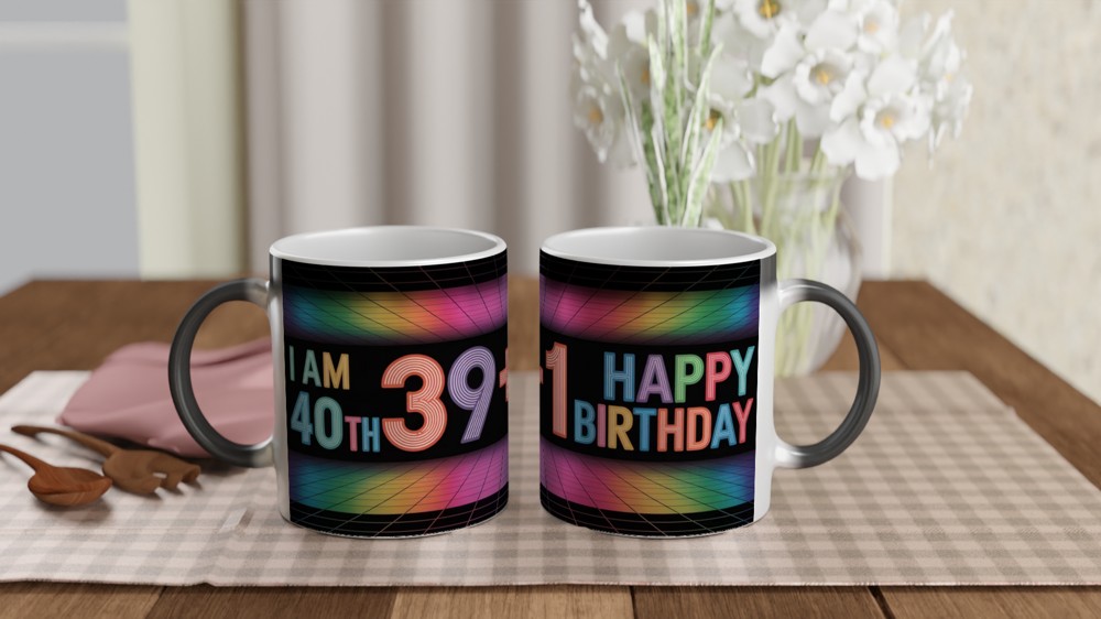 40th Birthday Mug | 39 + 1 Retro Neon Grid Design | Milestone Birthday Gift for Her and Him | Funny Fortieth Mug for Best Friend — view 3