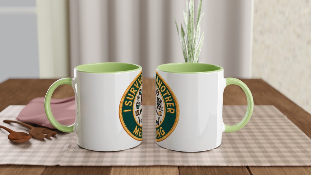 I Survived Another Meeting Funny Office Patch Design Mug — view 5