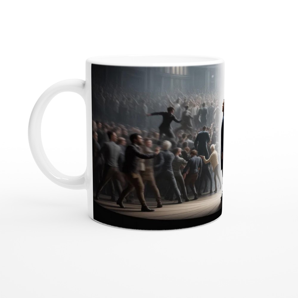 Revolutionary Leader Standing in the Spotlight - Dramatic Stage Scene Mug — view 10