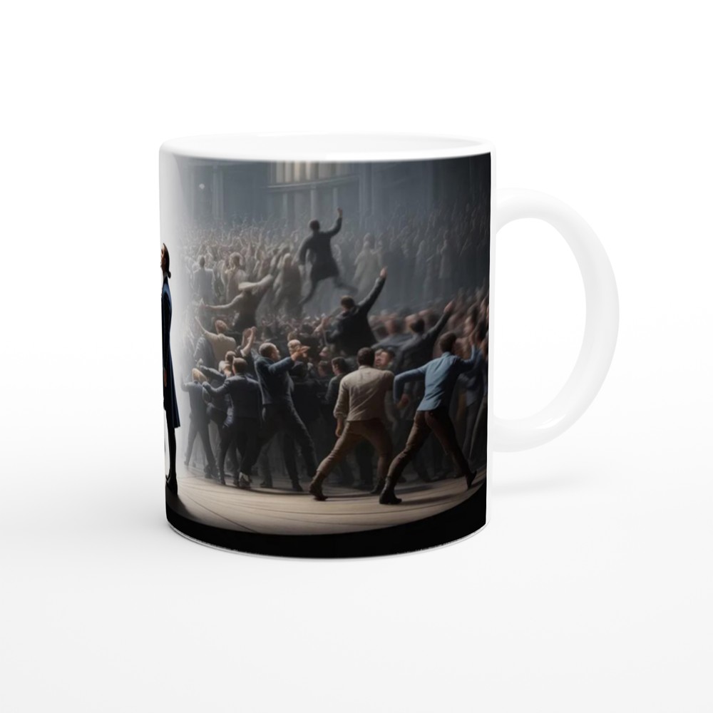 Revolutionary Leader Standing in the Spotlight - Dramatic Stage Scene Mug — view 12
