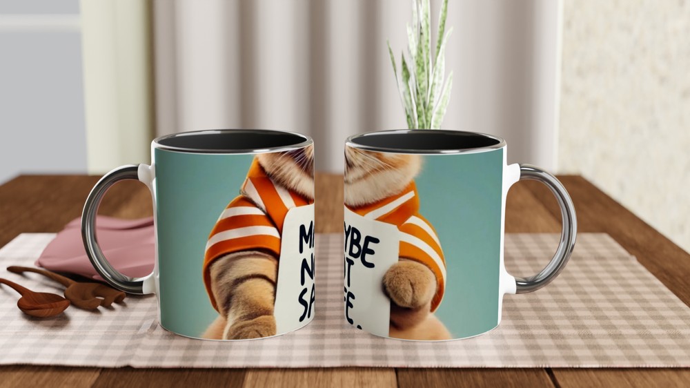 Funny Cat Holding Maybe Not Safe Sign Mug — view 9