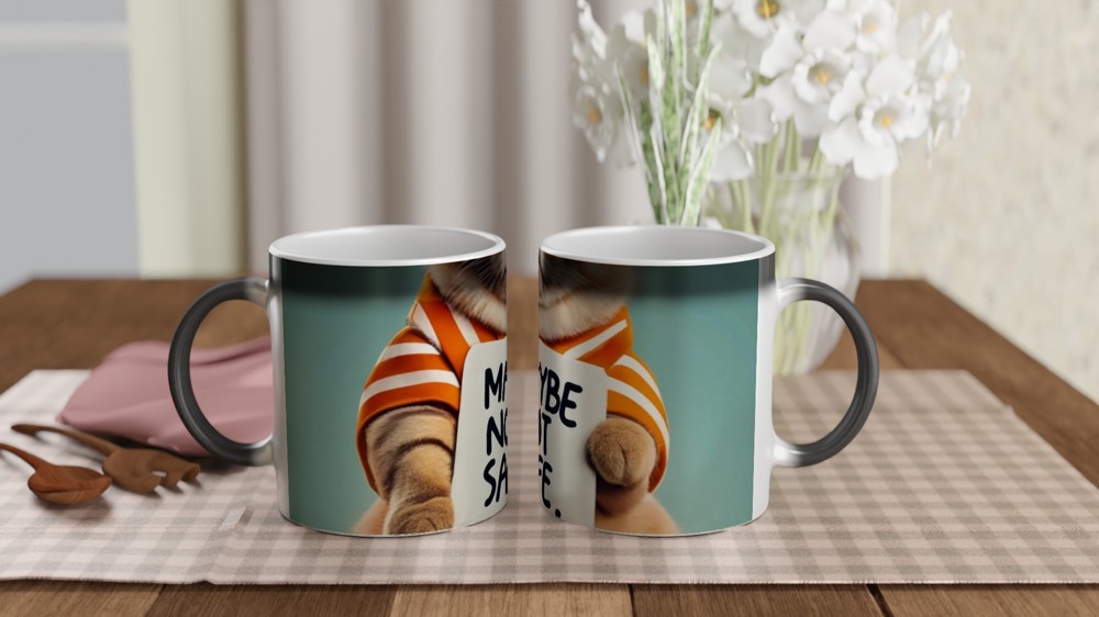 Funny Cat Holding Maybe Not Safe Sign Mug — view 3