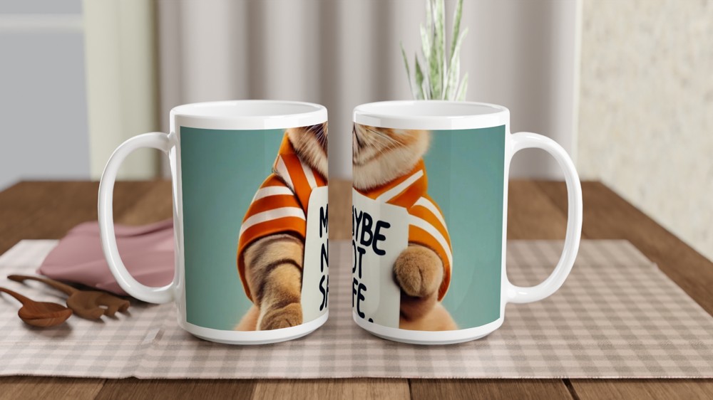 Funny Cat Holding Maybe Not Safe Sign Mug — view 2