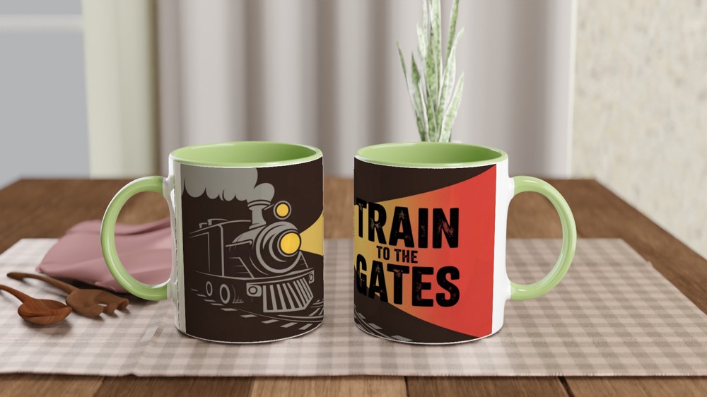 Train To The Gates Vintage Steam Locomotive Mug — view 4
