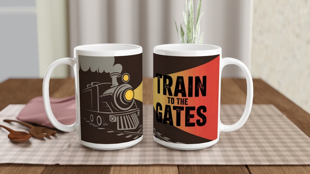 Train To The Gates Vintage Steam Locomotive Mug