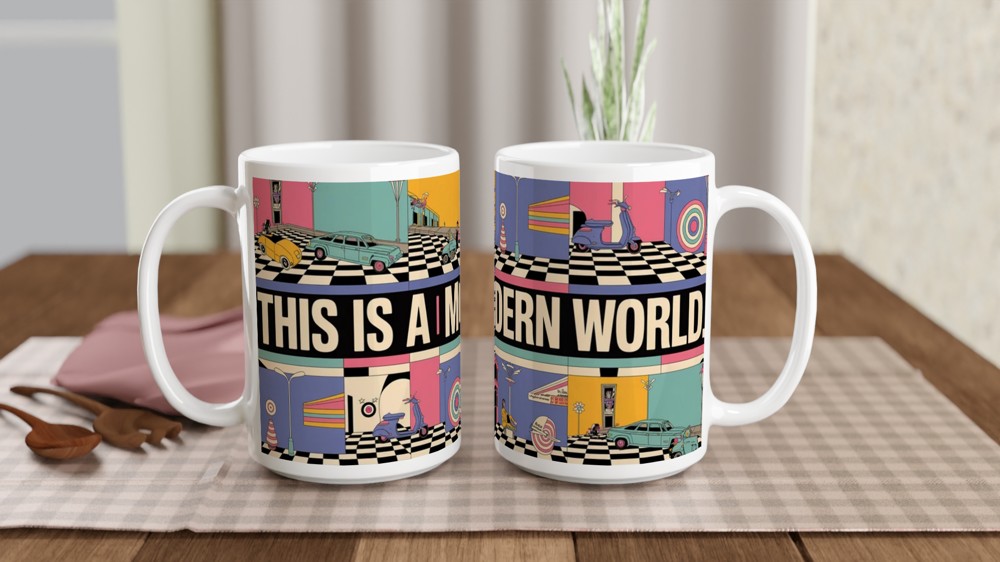 Mod Mug | This is a MODern World Retro Scooter Design | Gift for Him or Dad | 1960s Target and Checkerboard Coffee Mug — view 2