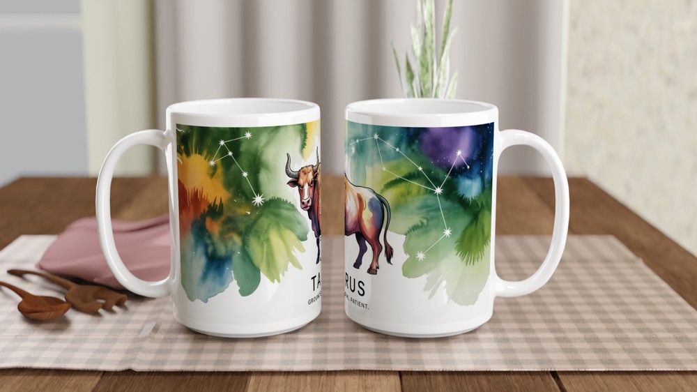 Taurus Zodiac Mug | Astrology Star Sign Gift | Watercolor Bull Constellation Present | Birthday Gift for Her or Him — view 2