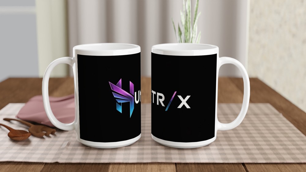 Gaming Mug | Huntr/x Logo Design | Sci-Fi Gamer Gift for Him | Futuristic Purple and Blue Geometric Mug — view 2