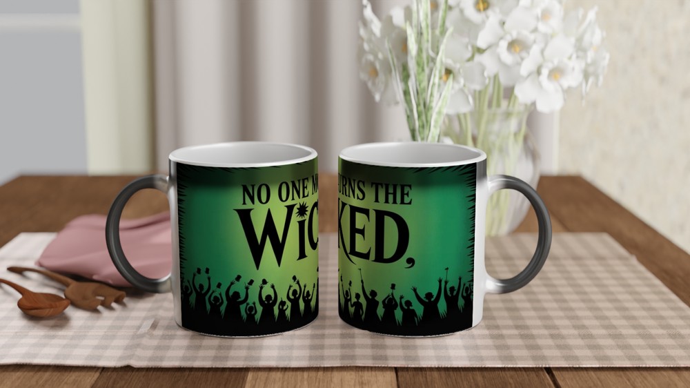 Wicked Mug | No One Mourns the Wicked Song Quote | Musical Theatre Gift | Elphaba Silhouette Present for Theatre Lovers — view 3