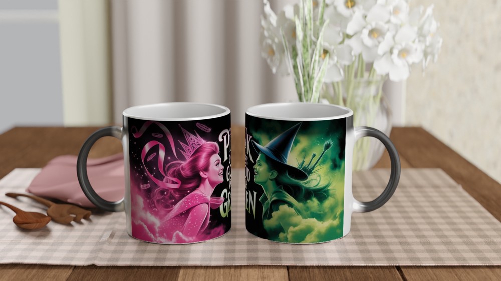 Wicked Mug | Elphaba and Glinda Split Design | Musical Theatre Gift | Pink and Green Theatre Lover Present — view 3