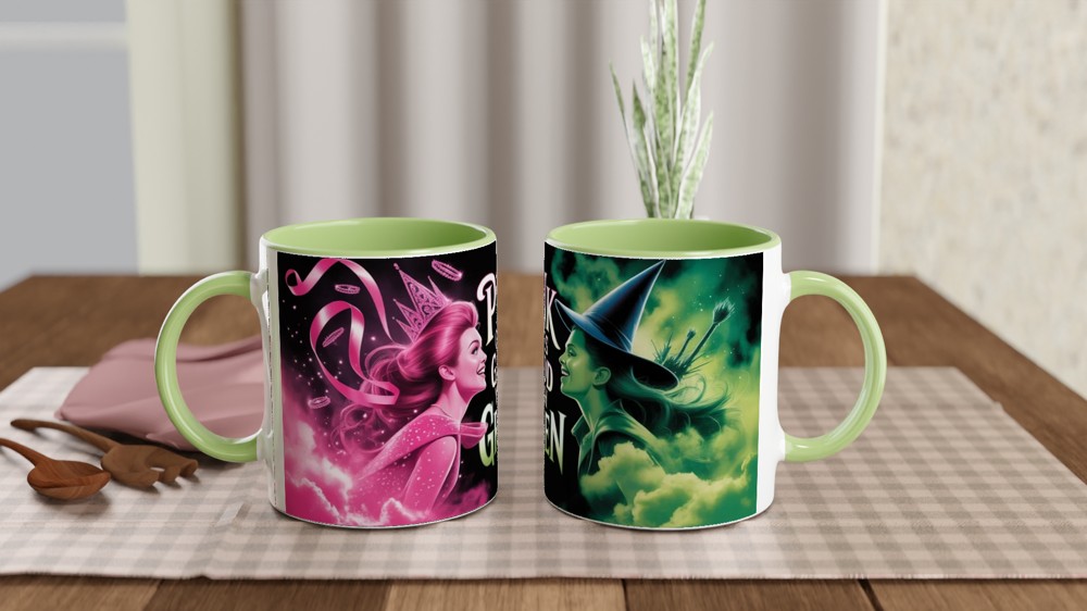 Wicked Mug | Elphaba and Glinda Split Design | Musical Theatre Gift | Pink and Green Theatre Lover Present — view 5