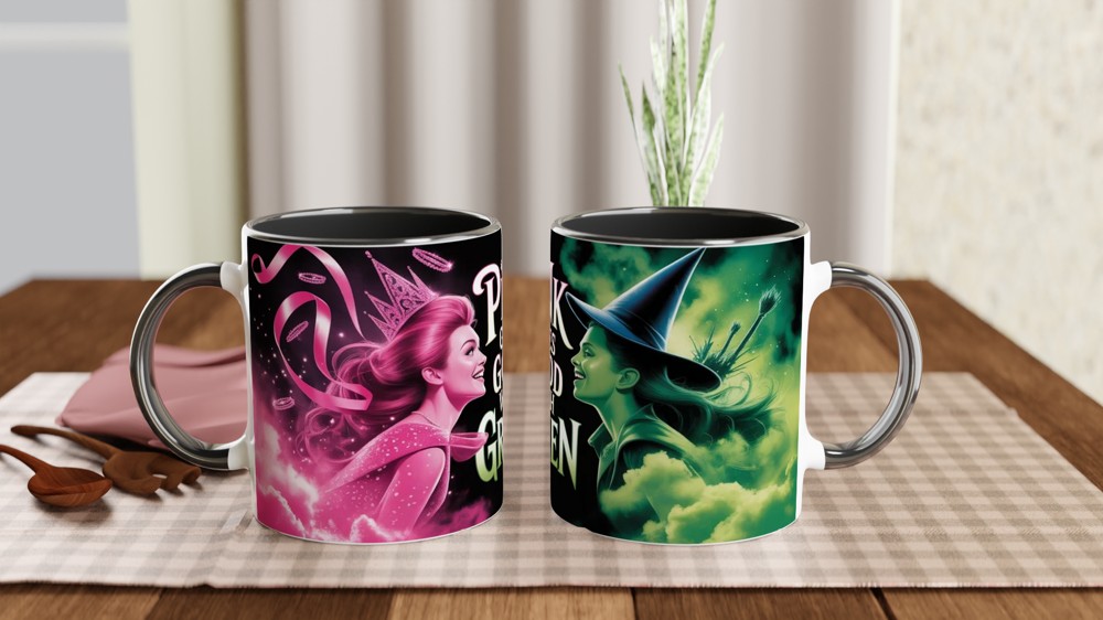 Wicked Mug | Elphaba and Glinda Split Design | Musical Theatre Gift | Pink and Green Theatre Lover Present — view 9