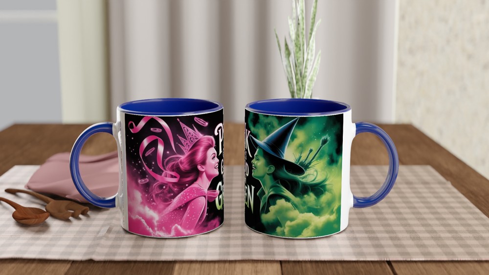 Wicked Mug | Elphaba and Glinda Split Design | Musical Theatre Gift | Pink and Green Theatre Lover Present — view 4