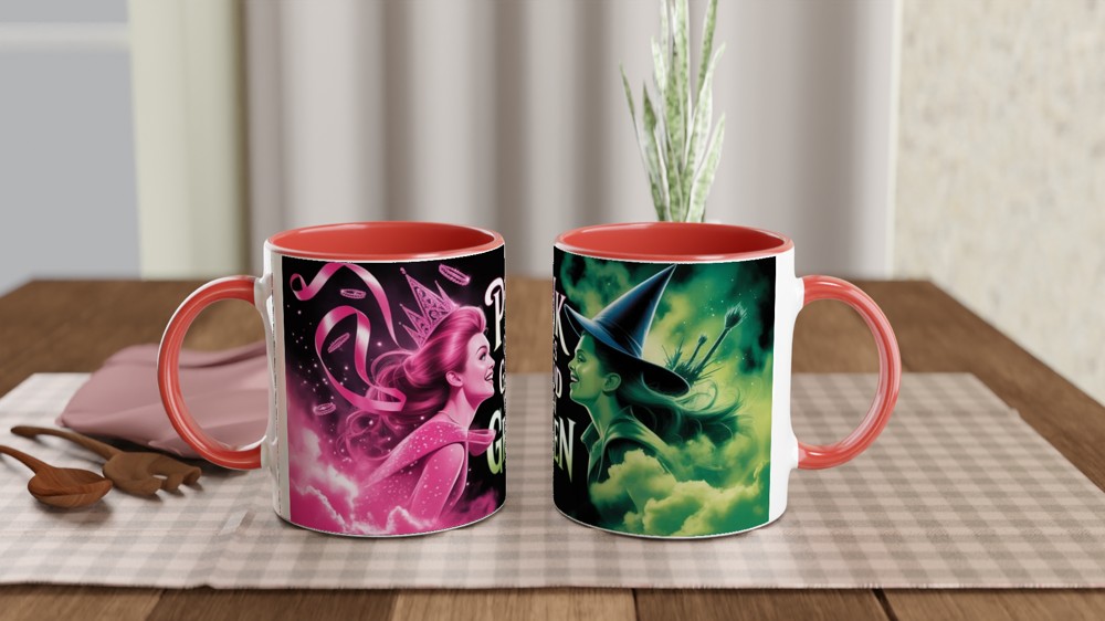 Wicked Mug | Elphaba and Glinda Split Design | Musical Theatre Gift | Pink and Green Theatre Lover Present — view 7
