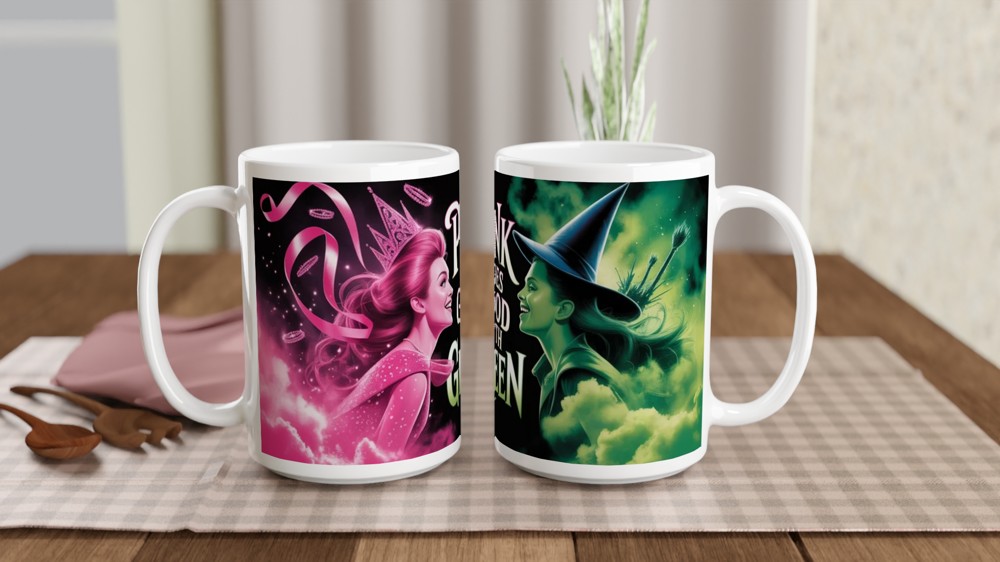 Wicked Mug | Elphaba and Glinda Split Design | Musical Theatre Gift | Pink and Green Theatre Lover Present — view 2
