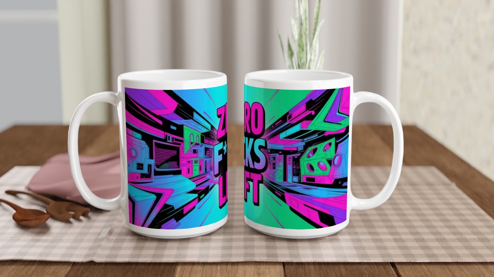 Zero Fucks Left Mug | Cyberpunk Neon Coffee Mug | Funny Rude Gift for Friends — view 2