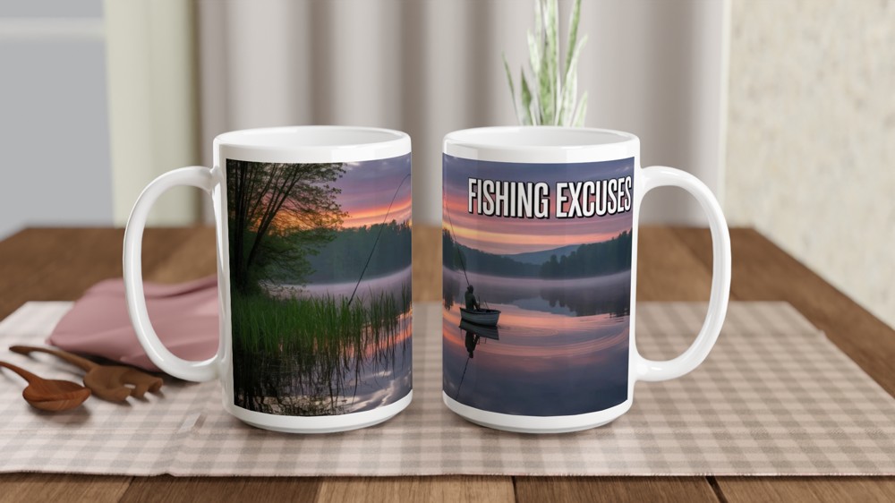 Fishing Excuses Mug | Lakeside Dawn Scene | Funny Fishing Gift for Him | Father's Day Dad Present — view 2