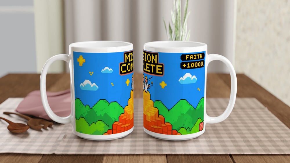 Book of Mormon Mug | Mission Complete Faith +1000 | Funny Gamer Gift for Him | Retro 8-Bit Pixel Art Present — view 2