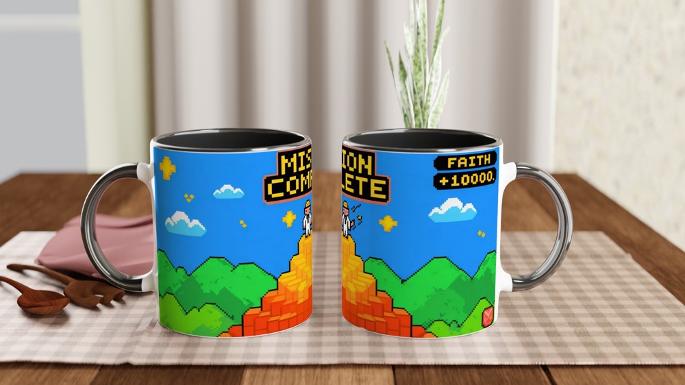 Book of Mormon Mug | Mission Complete Faith +1000 | Funny Gamer Gift for Him | Retro 8-Bit Pixel Art Present — view 9