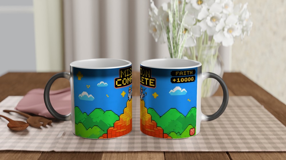Book of Mormon Mug | Mission Complete Faith +1000 | Funny Gamer Gift for Him | Retro 8-Bit Pixel Art Present — view 3