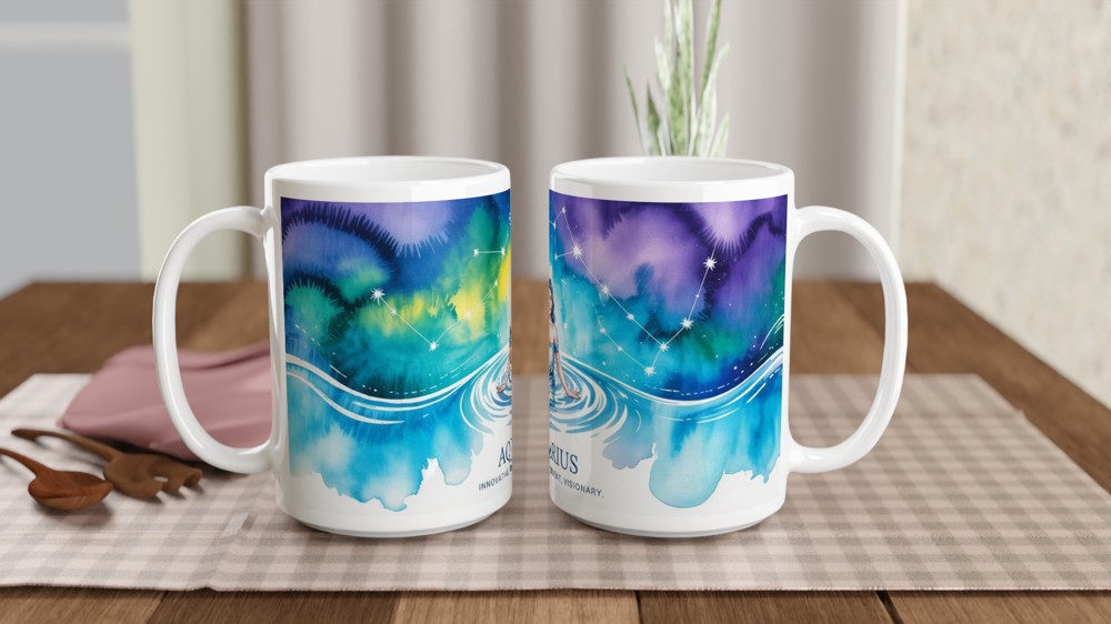 Aquarius Zodiac Mug | Watercolour Water Bearer Constellation Gift | Birthday Present for Her or Him | Astrology Mug — view 2