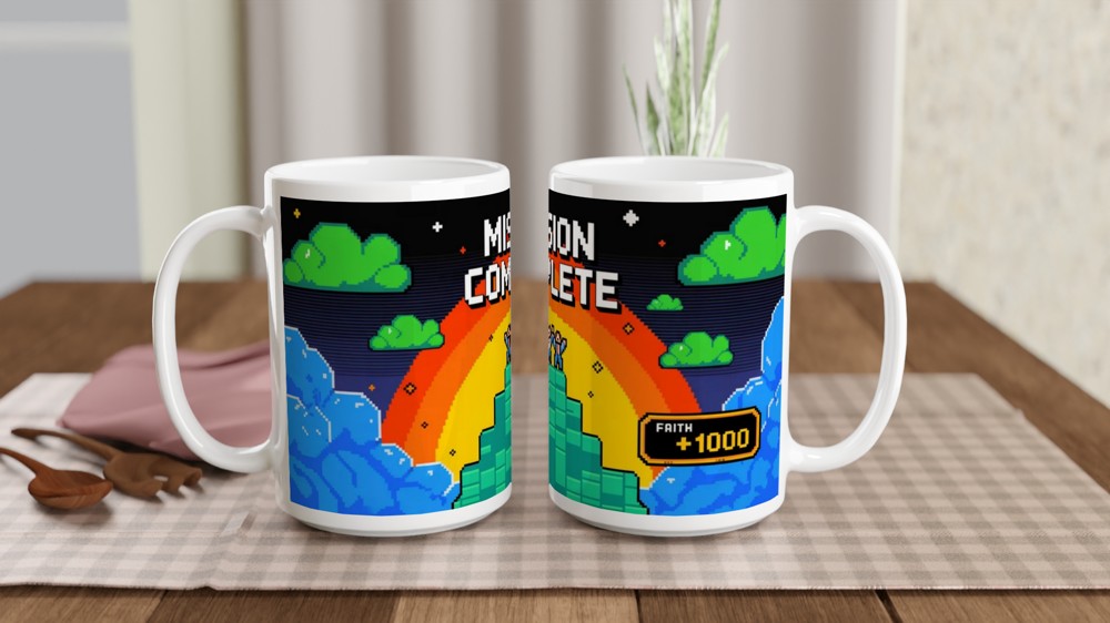 Mission Complete Faith +1000 Retro Pixel Art Christian Mug — view 2