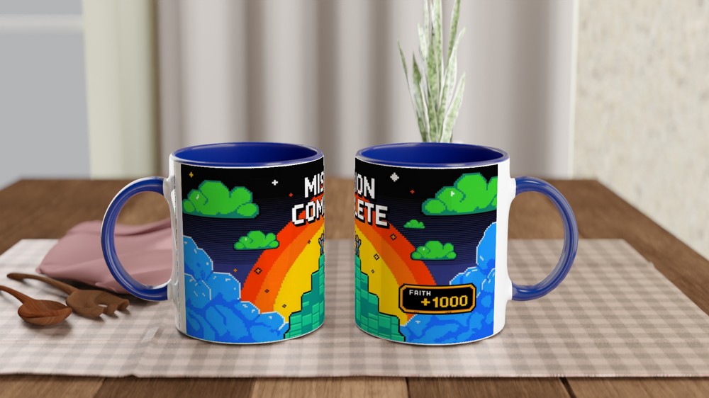 Mission Complete Faith +1000 Retro Pixel Art Christian Mug — view 4
