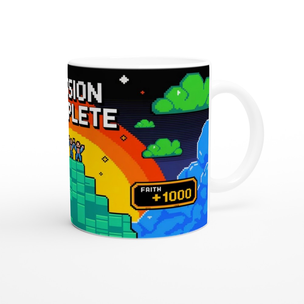 Mission Complete Faith +1000 Retro Pixel Art Christian Mug — view 12