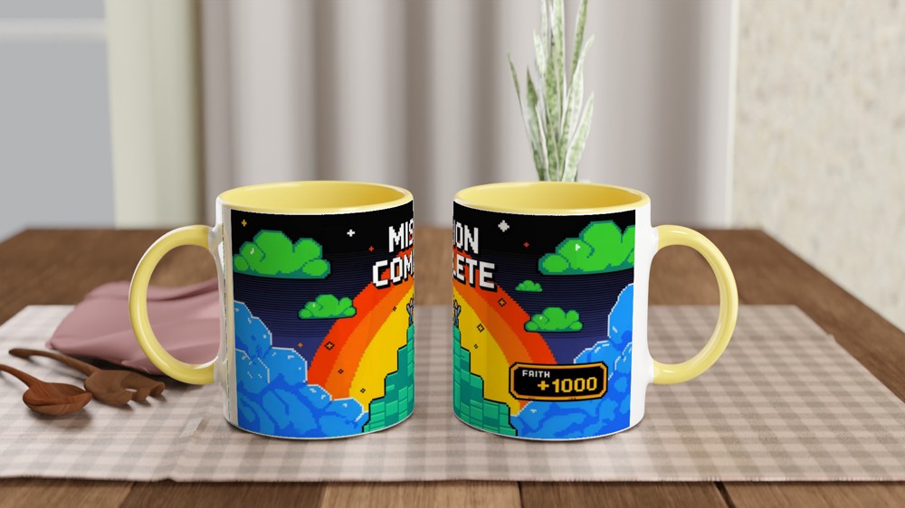 Mission Complete Faith +1000 Retro Pixel Art Christian Mug — view 8