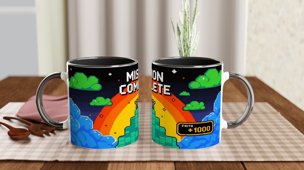 Mission Complete Faith +1000 Retro Pixel Art Christian Mug — view 9