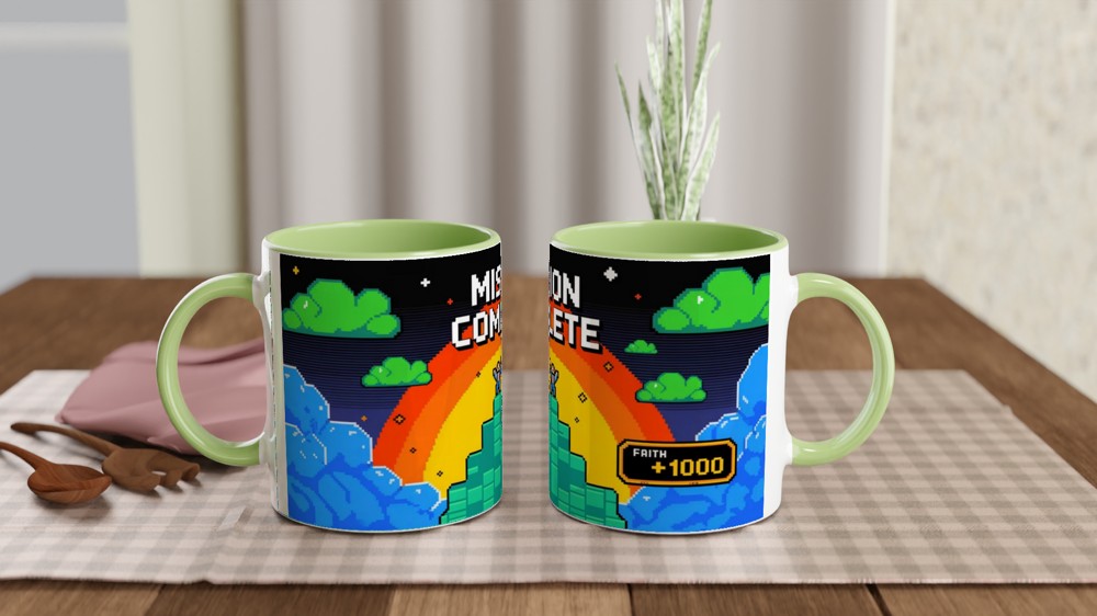 Mission Complete Faith +1000 Retro Pixel Art Christian Mug — view 5
