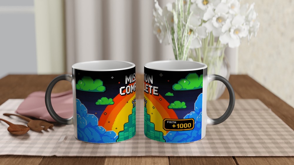 Mission Complete Faith +1000 Retro Pixel Art Christian Mug — view 3