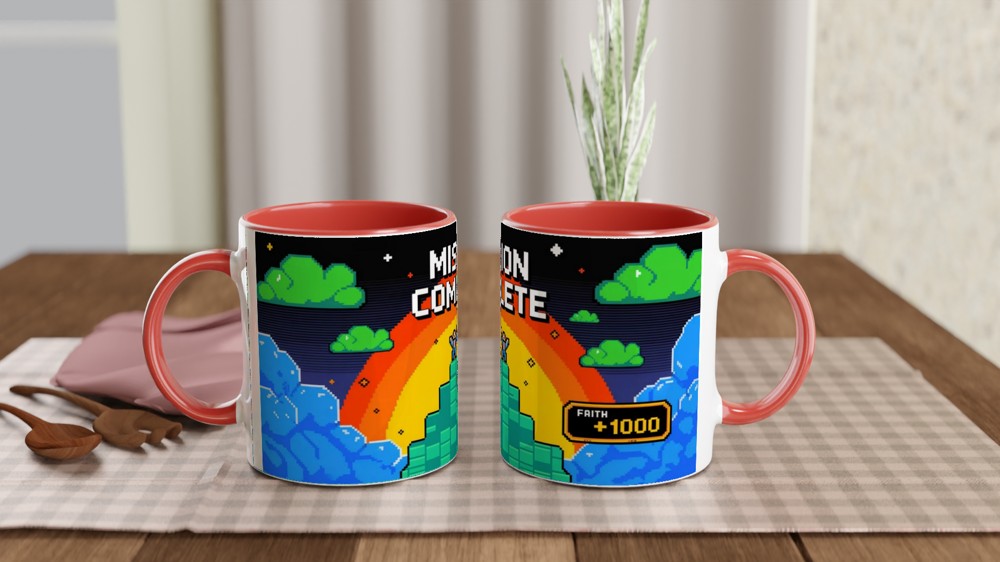 Mission Complete Faith +1000 Retro Pixel Art Christian Mug — view 7