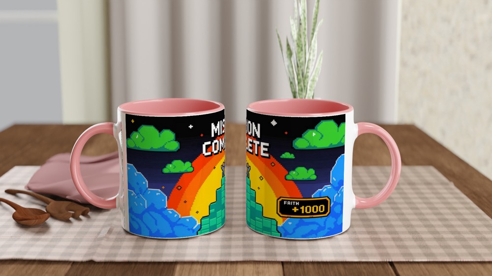 Mission Complete Faith +1000 Retro Pixel Art Christian Mug — view 6