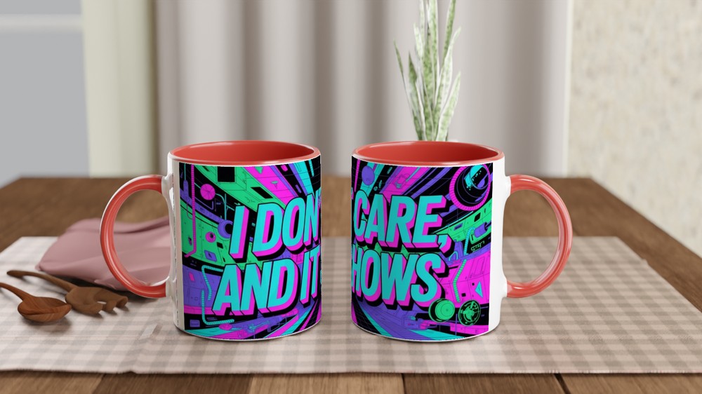 Cyberpunk Neon Sarcastic Mug | I Don't Care And It Shows | Funny Birthday Gift for Friends — view 7
