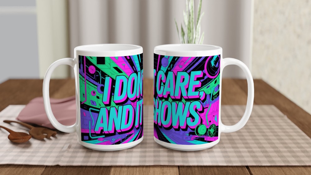 Cyberpunk Neon Sarcastic Mug | I Don't Care And It Shows | Funny Birthday Gift for Friends — view 2