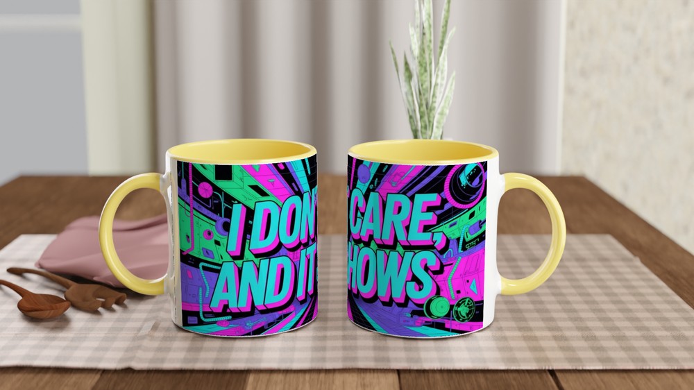 Cyberpunk Neon Sarcastic Mug | I Don't Care And It Shows | Funny Birthday Gift for Friends — view 8