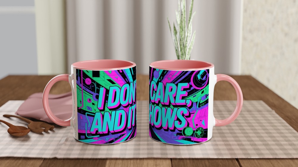 Cyberpunk Neon Sarcastic Mug | I Don't Care And It Shows | Funny Birthday Gift for Friends — view 6