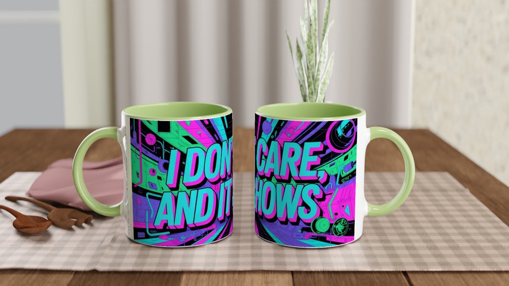 Cyberpunk Neon Sarcastic Mug | I Don't Care And It Shows | Funny Birthday Gift for Friends — view 5