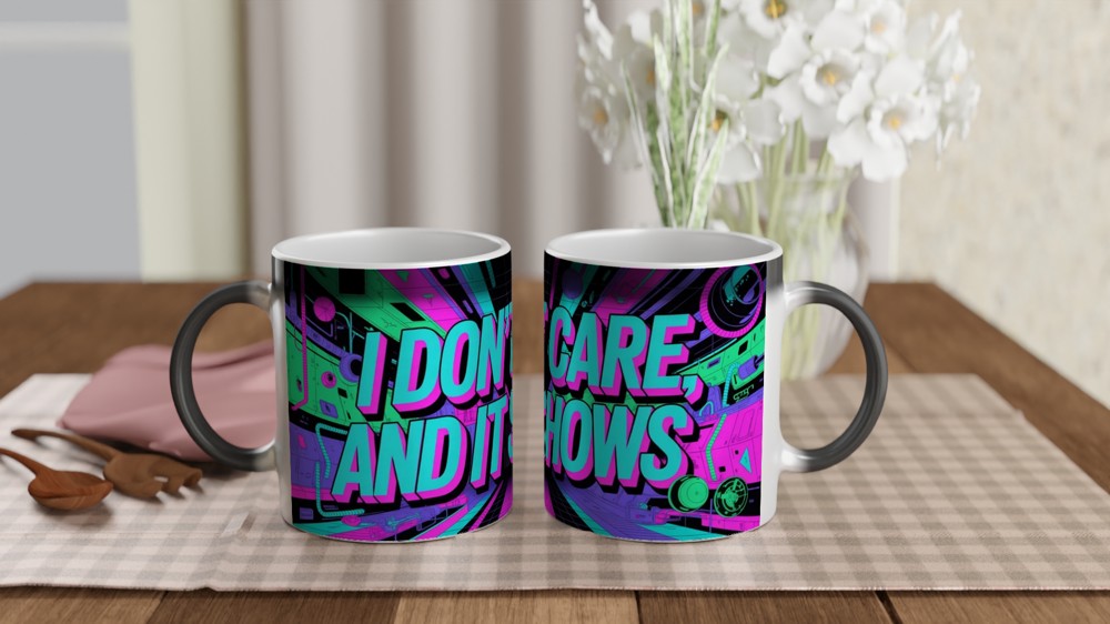 Cyberpunk Neon Sarcastic Mug | I Don't Care And It Shows | Funny Birthday Gift for Friends — view 3
