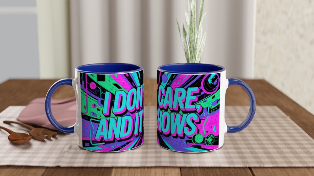 Cyberpunk Neon Sarcastic Mug | I Don't Care And It Shows | Funny Birthday Gift for Friends — view 4