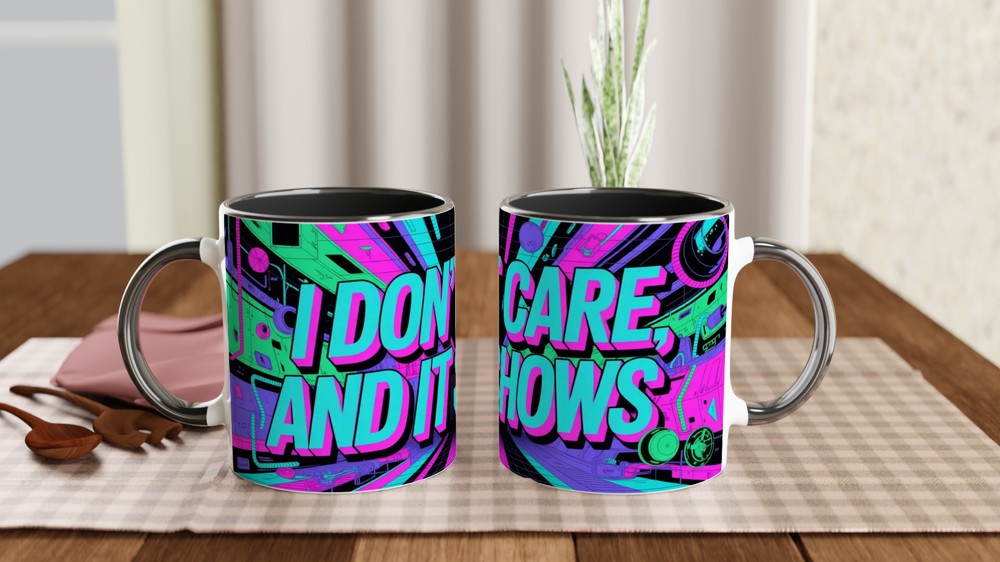 Cyberpunk Neon Sarcastic Mug | I Don't Care And It Shows | Funny Birthday Gift for Friends — view 9