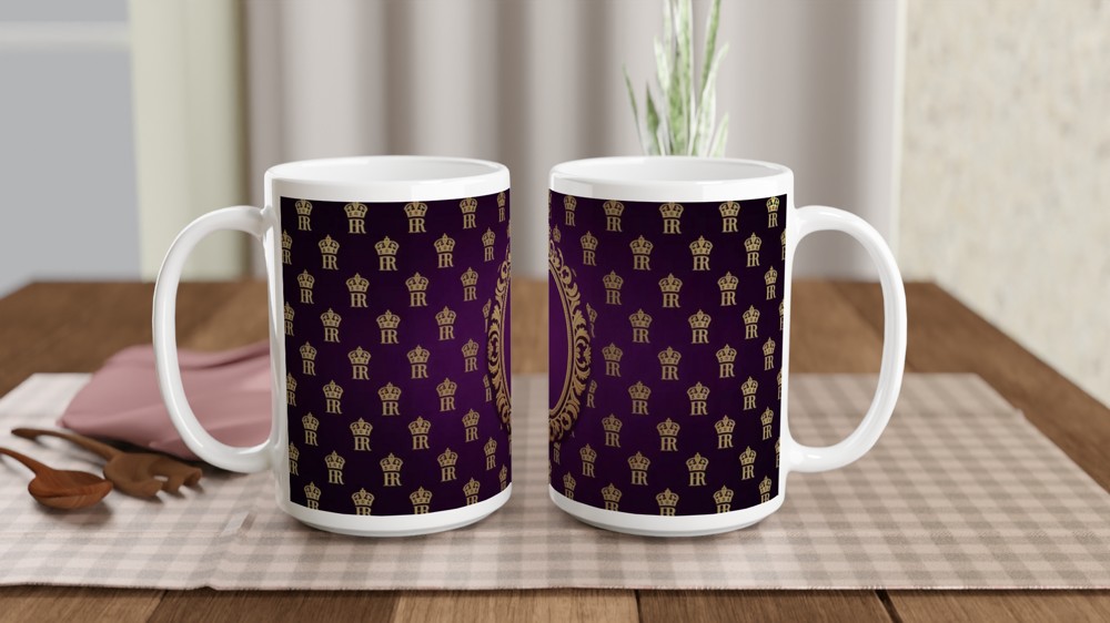 Royal Purple and Gold Crown Monogram Pattern Mug — view 2