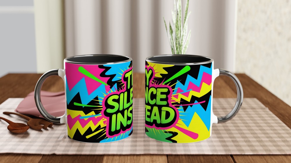 Try Silence Instead Mug | Sassy Quote Coffee Cup | Funny Office Gift for Colleague | Neon Graffiti Present — view 9