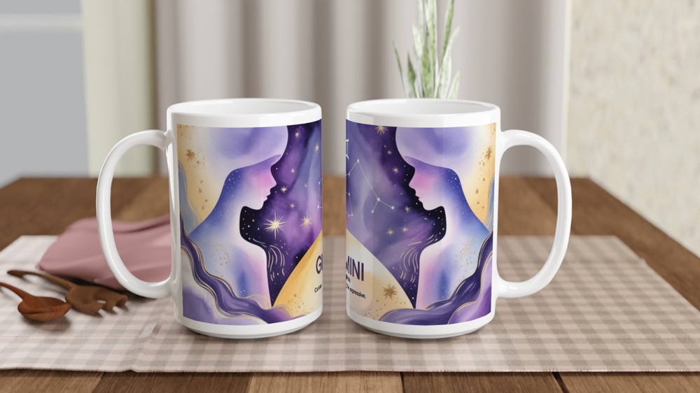 Gemini Zodiac Mug | Astrology Horoscope Gift | Watercolour Twin Constellation Design | Birthday Present for Her and Him — view 2