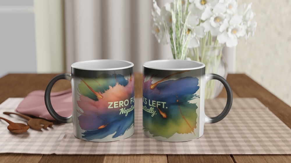 Zero Fucks Left Mug | Funny Rude Office Coffee Cup | Leaving Gift for Colleague or Best Friend | Chaotic Neon Design — view 3